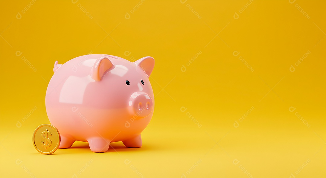 Cofrinho porquinho em fundo amarelo com moeda IA generativa