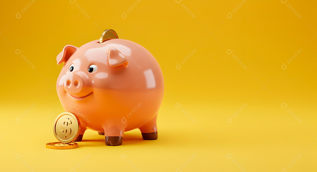 Cofrinho porquinho em fundo amarelo com moeda IA generativa