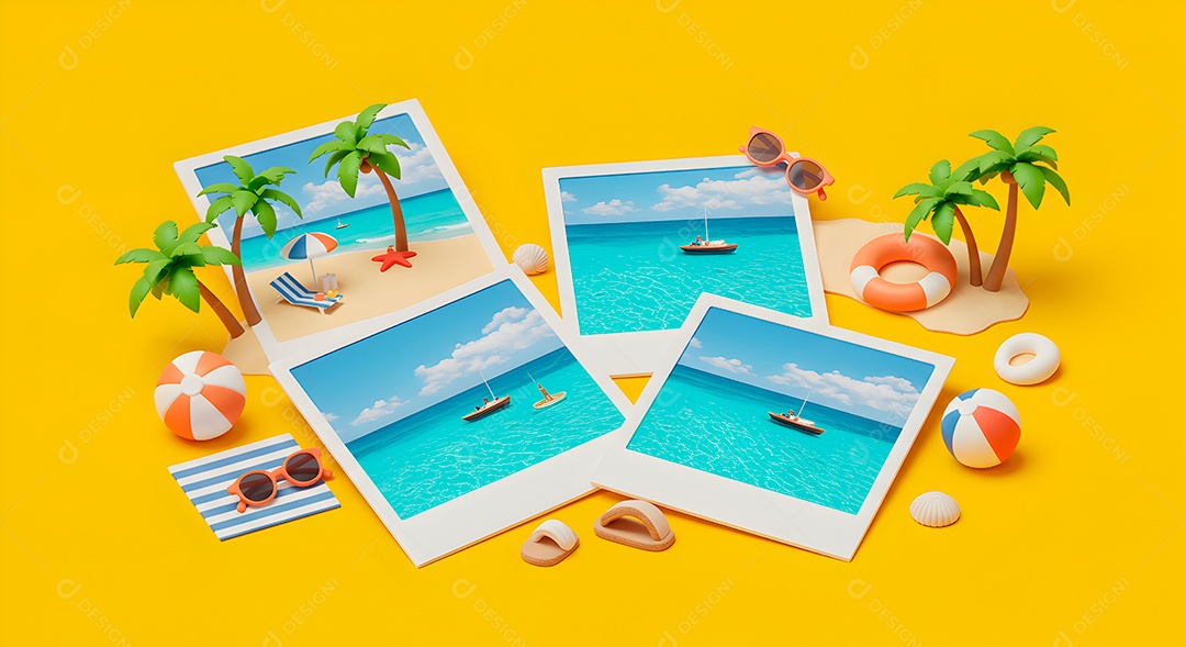 Composição 3D de férias background IA generativa sobre fundo amarelo isolado