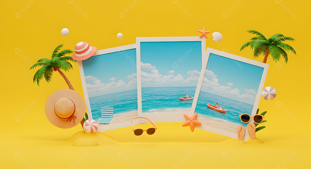 Composição 3D de férias background IA generativa sobre fundo amarelo isolado