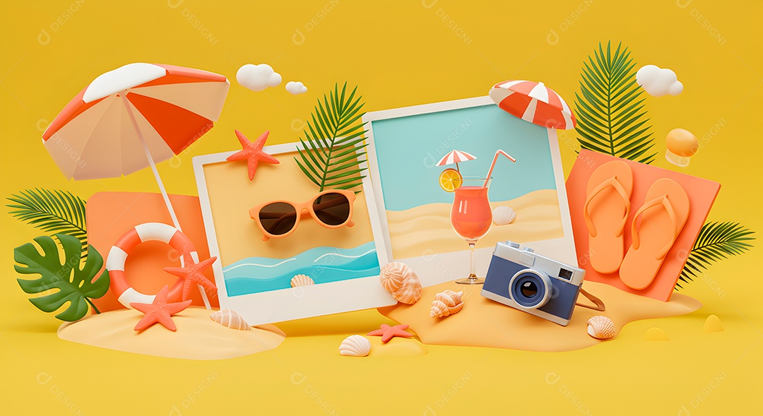 Composição 3D de férias background IA generativa sobre fundo amarelo isolado