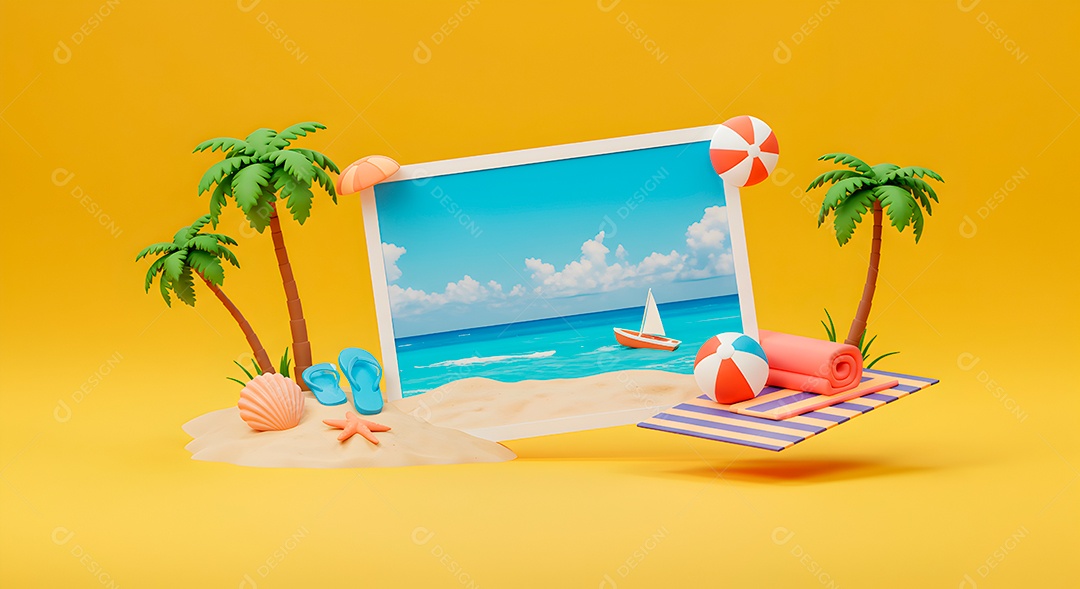 Composição 3D de férias background IA generativa sobre fundo amarelo isolado
