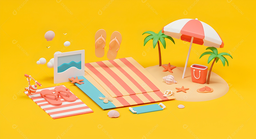 Composição 3D de férias background IA generativa sobre fundo amarelo isolado