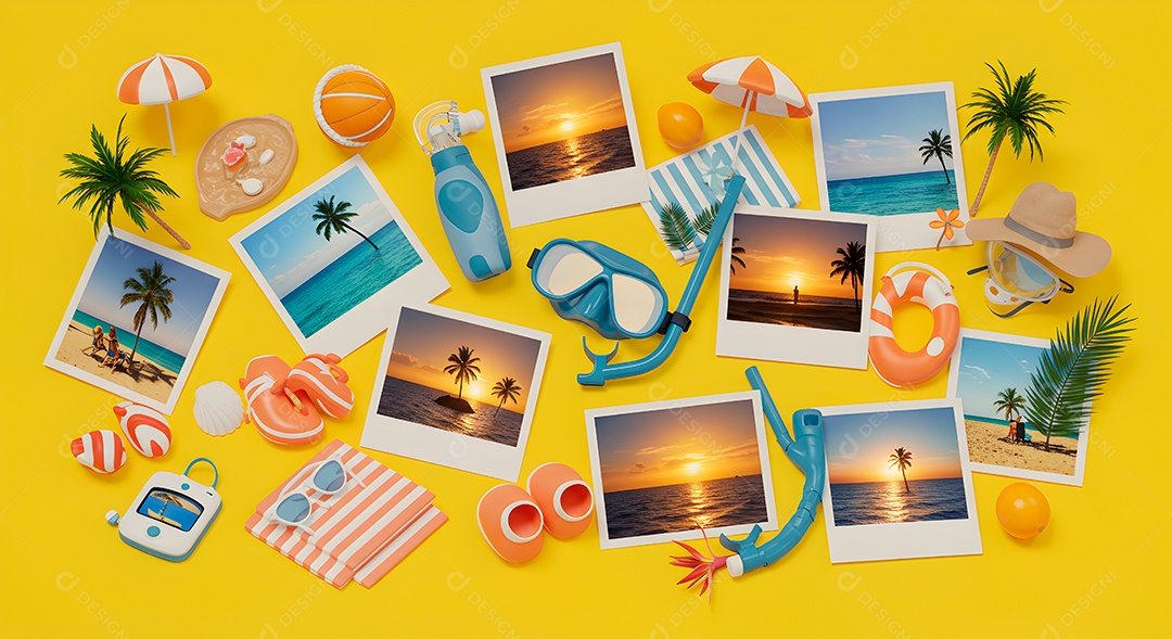 Composição 3D de férias background IA generativa sobre fundo amarelo isolado