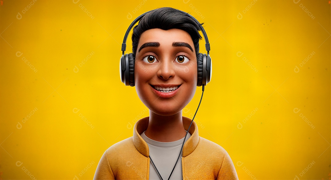Personagem escutando música com headphone IA generativa sobre fundo amarelo isolado