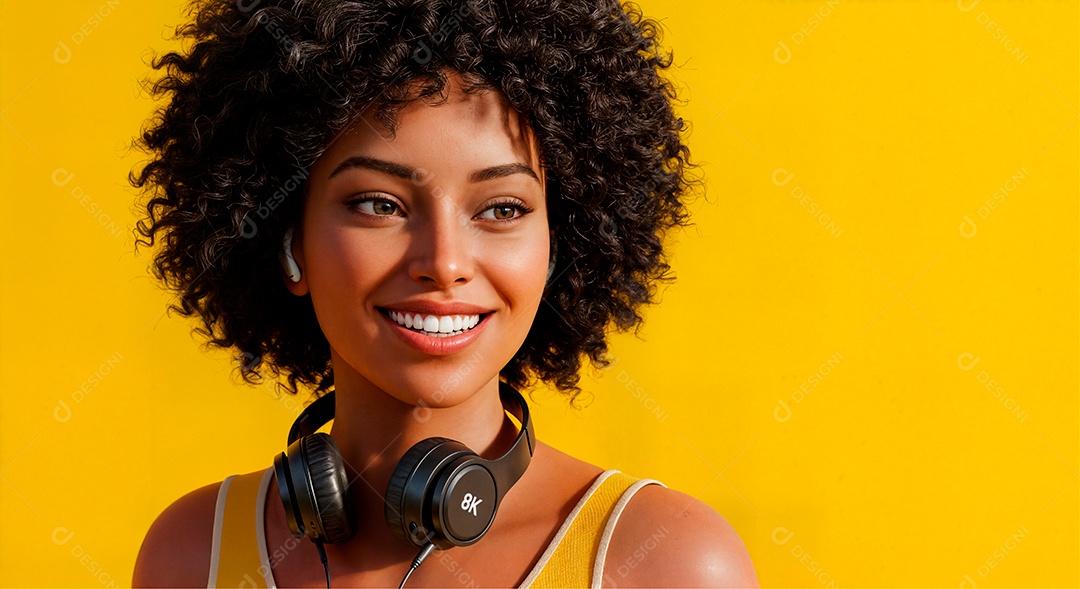Personagem escutando música com headphone IA generativa sobre fundo amarelo isolado