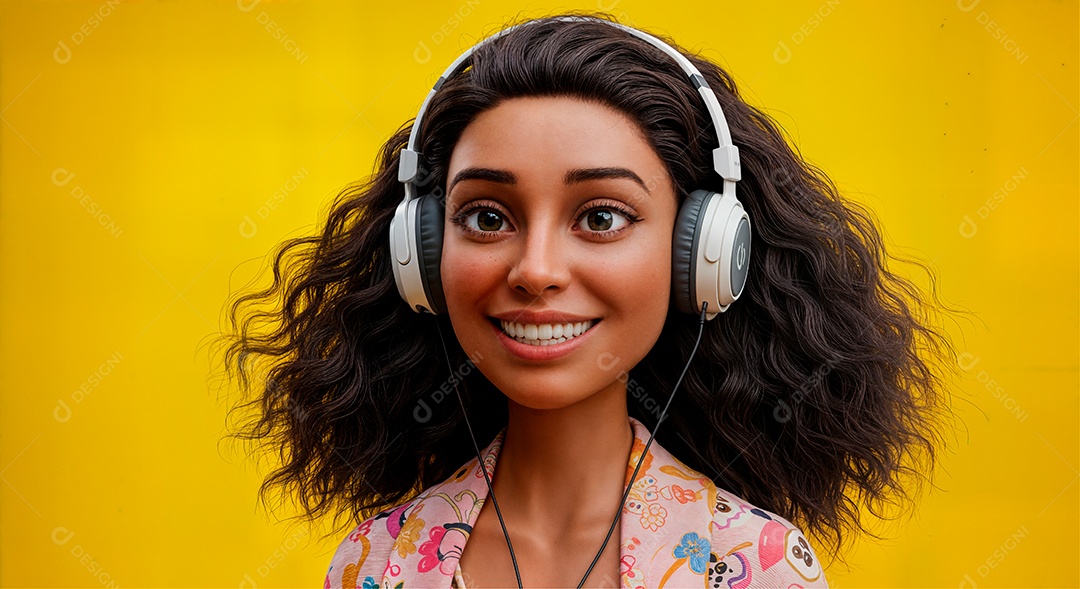 Personagem escutando música com headphone IA generativa sobre fundo amarelo isolado