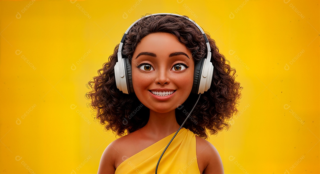 Personagem escutando música com headphone IA generativa sobre fundo amarelo isolado