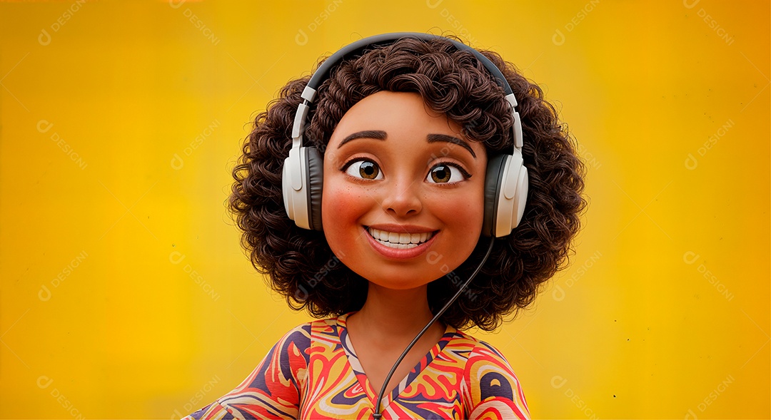 Personagem escutando música com headphone IA generativa sobre fundo amarelo isolado