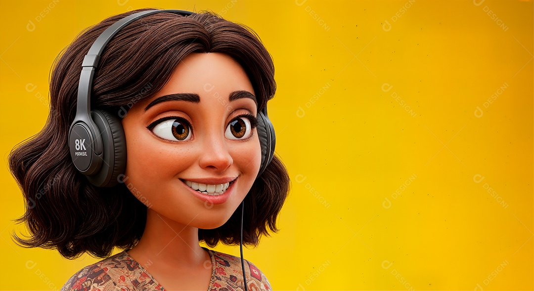 Personagem escutando música com headphone IA generativa sobre fundo amarelo isolado