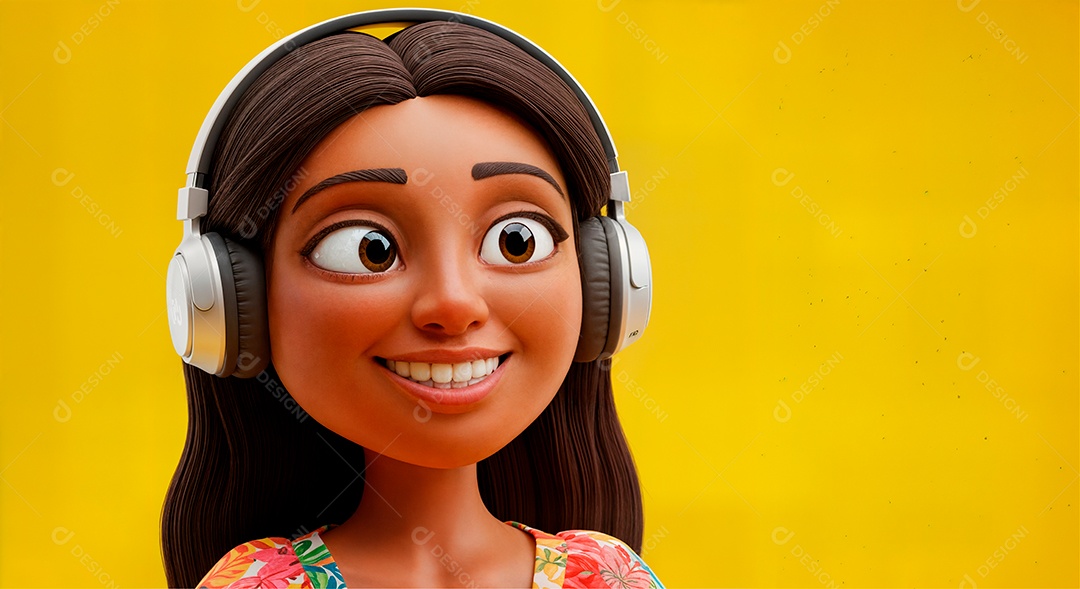 Personagem escutando música com headphone IA generativa sobre fundo amarelo isolado