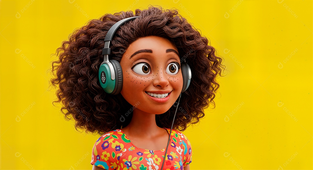 Personagem escutando música com headphone IA generativa sobre fundo amarelo isolado