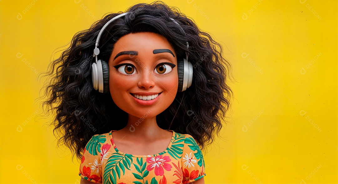 Personagem escutando música com headphone IA generativa sobre fundo amarelo isolado
