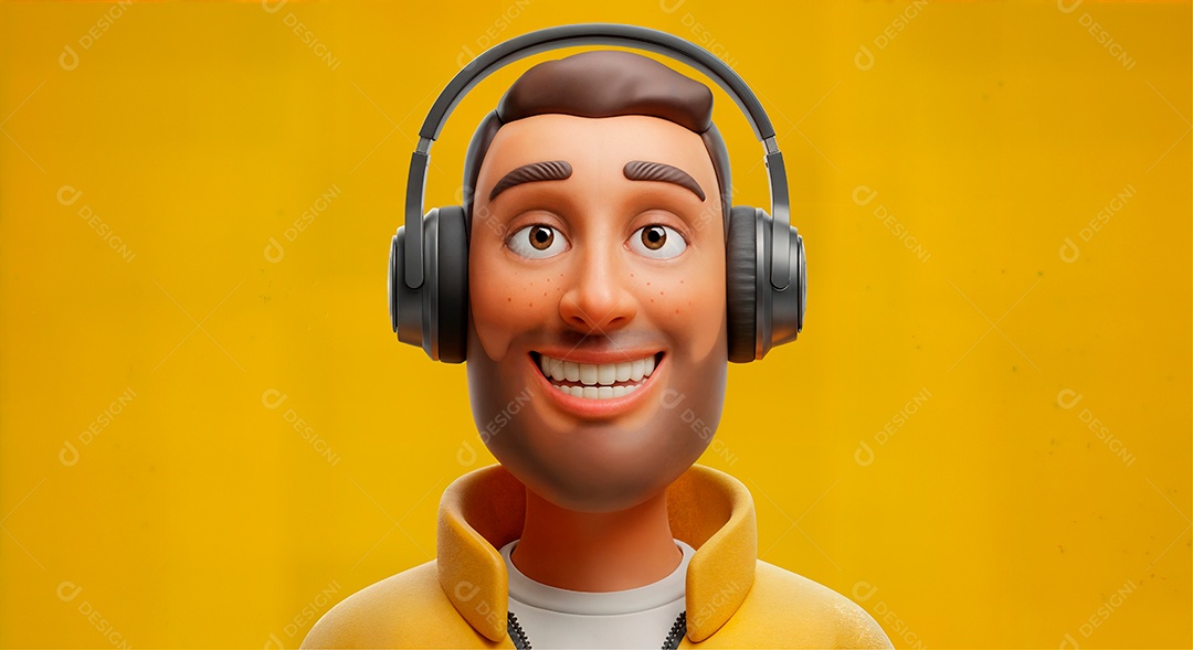 Personagem escutando música com headphone IA generativa sobre fundo amarelo isolado