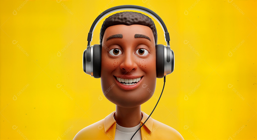 Personagem escutando música com headphone IA generativa sobre fundo amarelo isolado