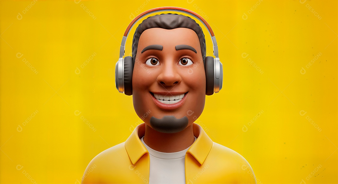 Personagem escutando música com headphone IA generativa sobre fundo amarelo isolado
