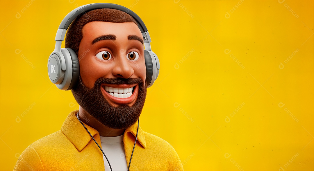 Personagem escutando música com headphone IA generativa sobre fundo amarelo isolado