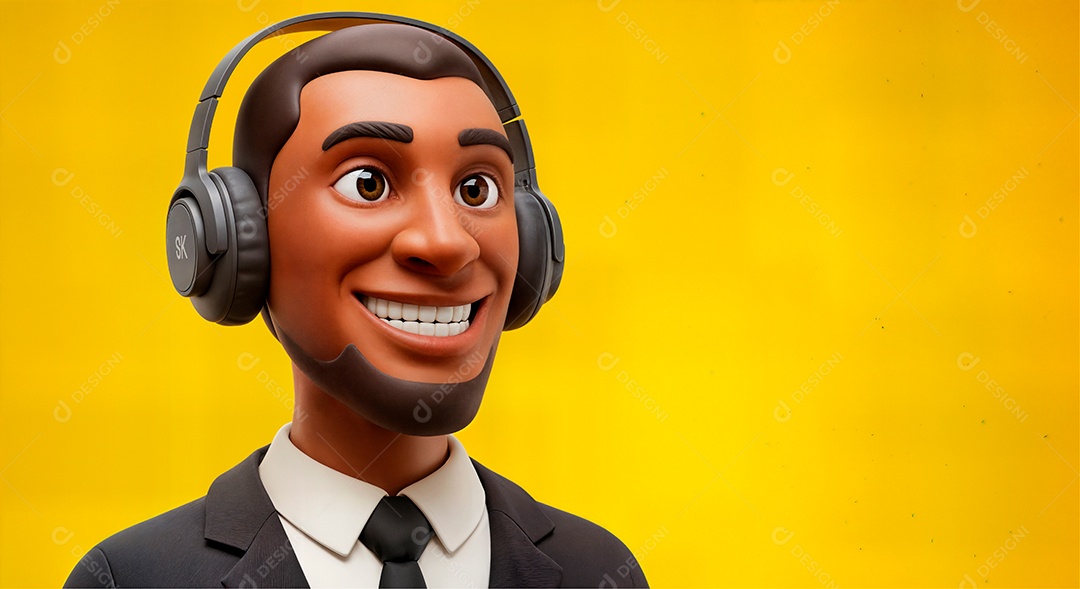 Personagem escutando música com headphone IA generativa sobre fundo amarelo isolado