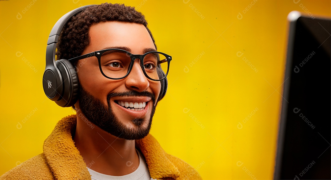 Personagem escutando música com headphone IA generativa sobre fundo amarelo isolado