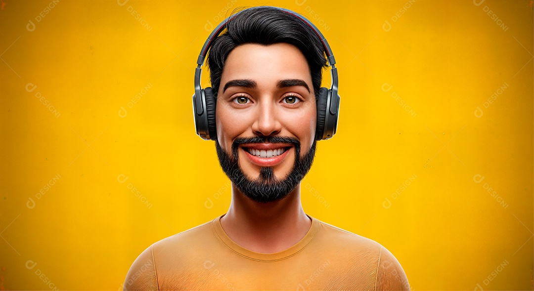 Personagem escutando música com headphone IA generativa sobre fundo amarelo isolado