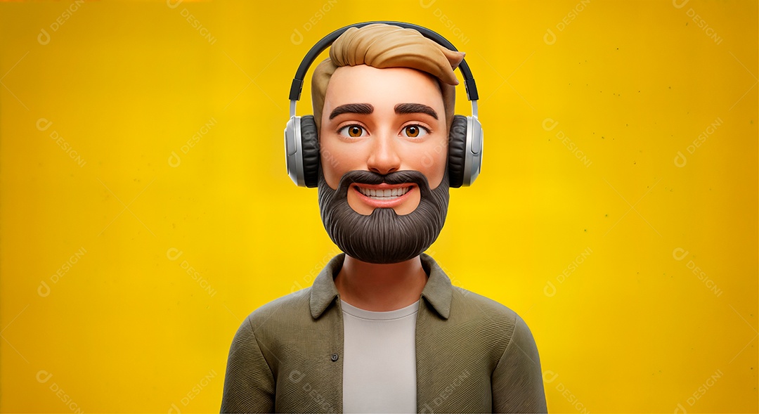 Personagem escutando música com headphone IA generativa sobre fundo amarelo isolado