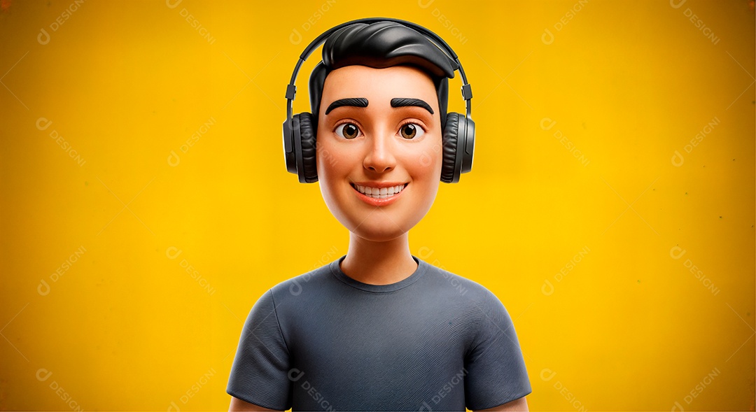 Personagem escutando música com headphone IA generativa sobre fundo amarelo isolado