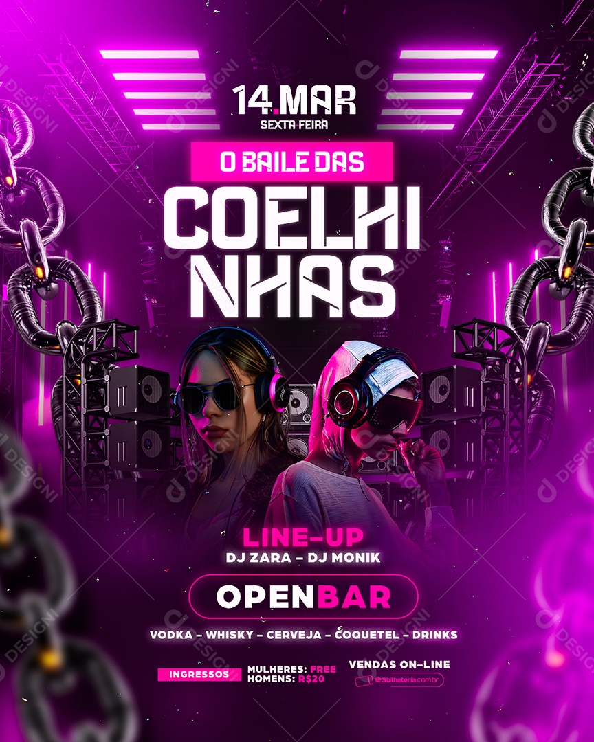Flyer O Baile Das Coelhinhas Line Up Social Media PSD Editável