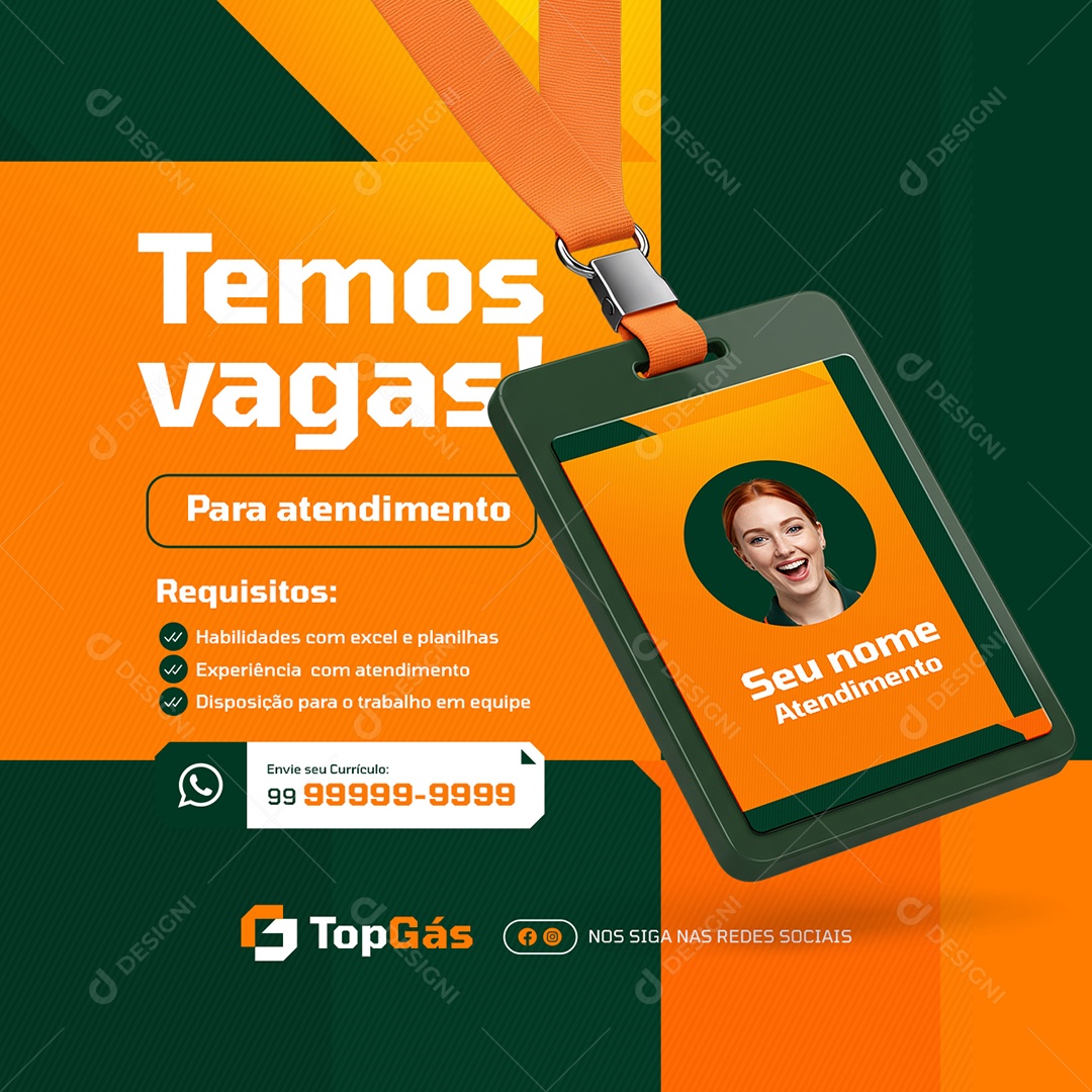 Distribuidora de Gás Temos Vagas para Atendimento Social Media PSD Editável