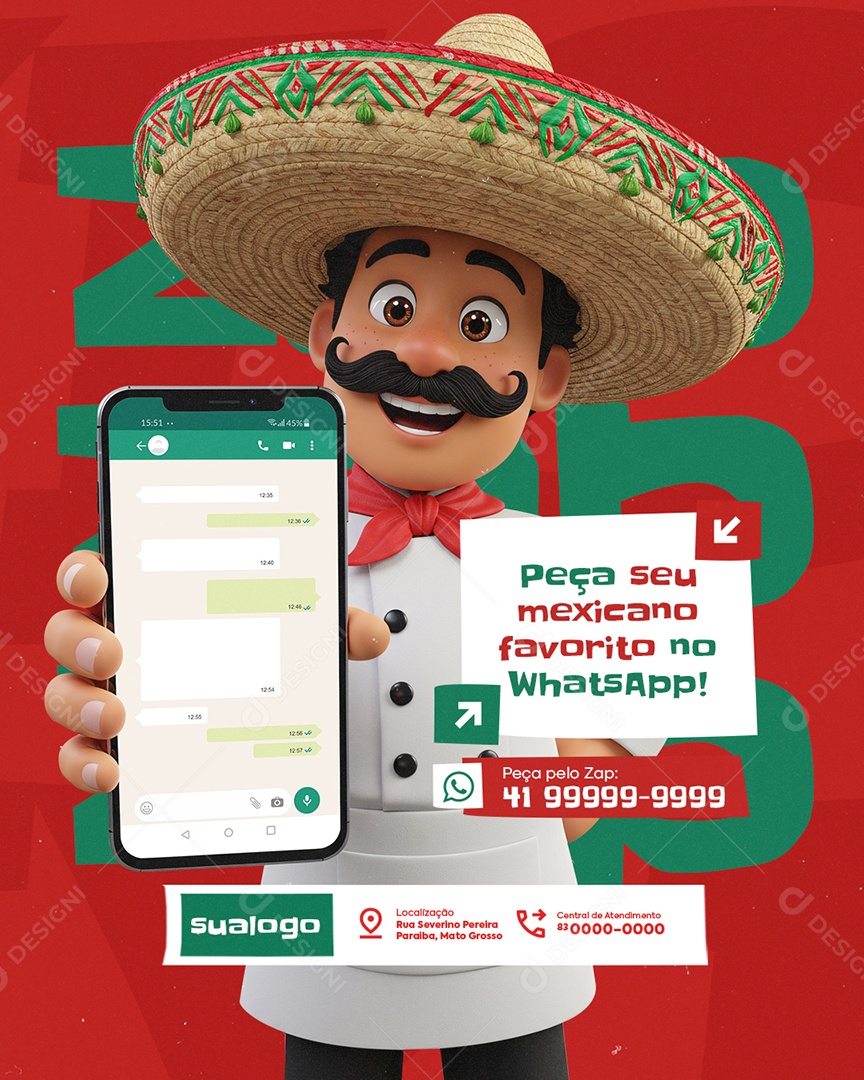 Restaurante Mexicano Peça Seu Mexicano Favorito no WhatApp Social Media PSD Editável