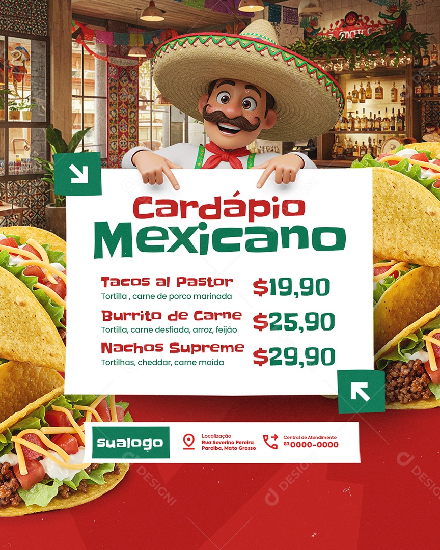 Restaurante Mexicano Cardápio Mexicano Social Media PSD Editável