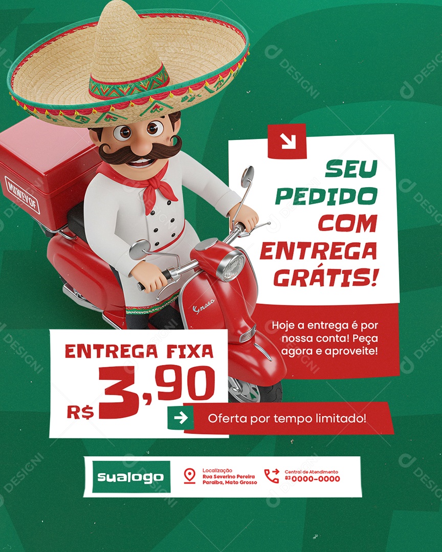 Restaurante Mexicano Seu Pedido com Entrega Grátis Social Media PSD Editável