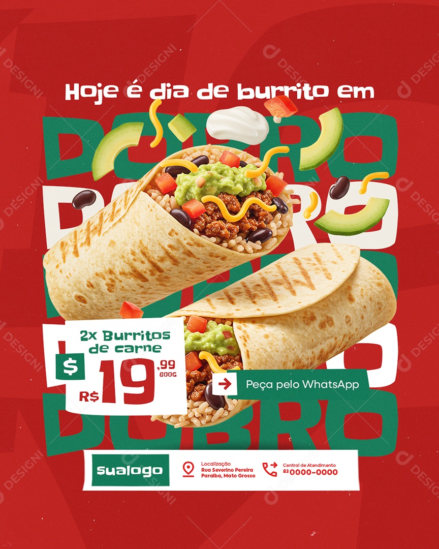 Restaurante Mexicano Hoje é Dia de Burrito em Dobro Social Media PSD Editável