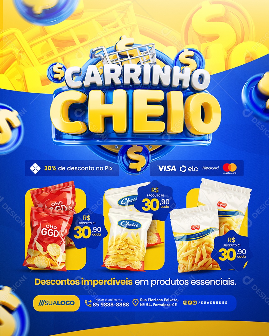Carrinho Cheio Supermercado 30% de Desconto no Pix Social Media PSD Editável