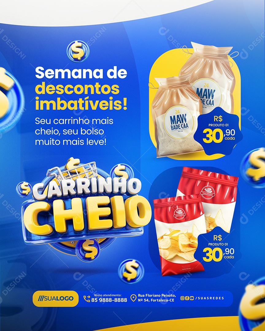 Carrinho Cheio Supermercado Semana de Descontos Imbatíveis Social Media PSD Editável