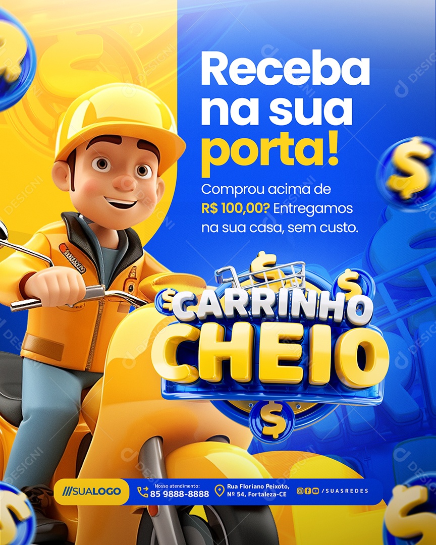 Carrinho Cheio Supermercado Receba na Sua Porta Social Media PSD Editável