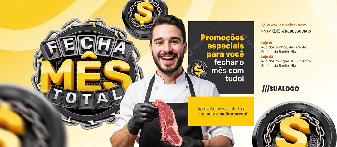 Banner Fecha Mês Açougue Promoções Especias para Você Social Media PSD Editável
