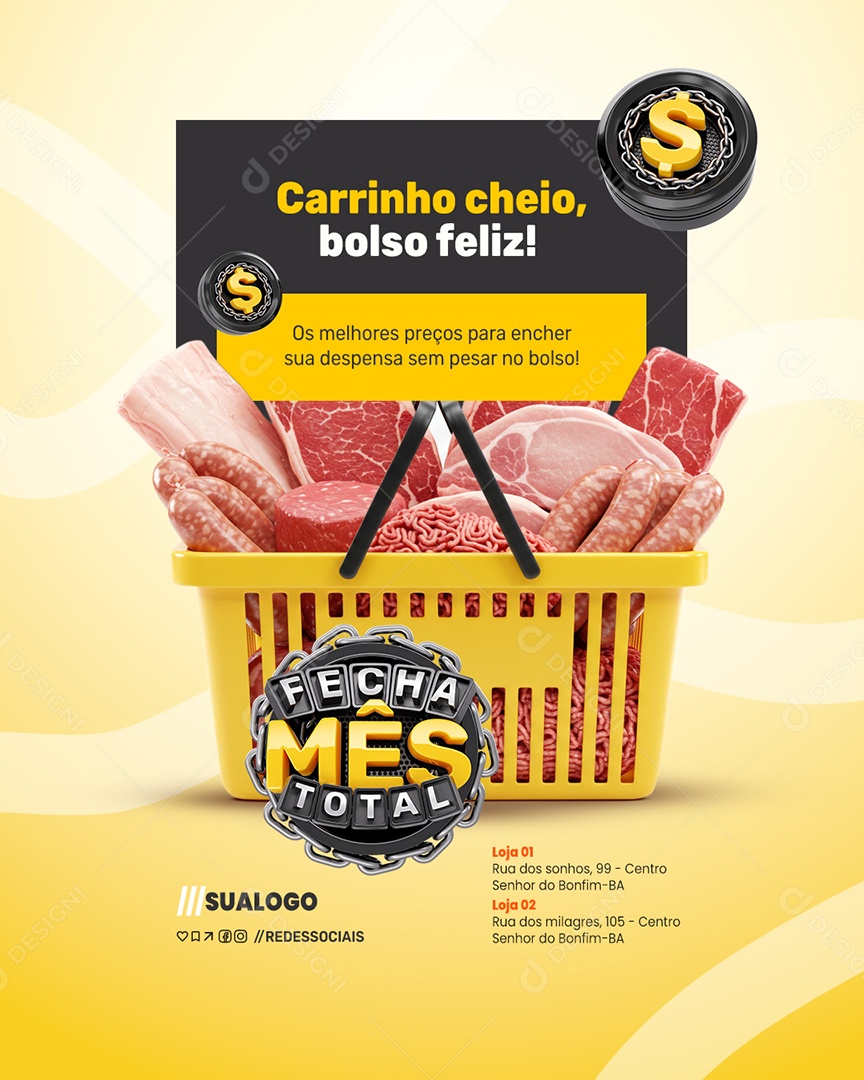 Fecha Mês Açougue Carrinho Cheio Bolso Feliz Social Media PSD Editável