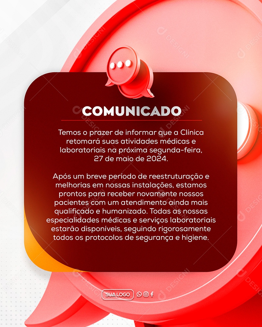 Comunicado Temos o Prazer de Informar que a Clinica Retornará suas Atividades Medicas Social Media PSD Editável