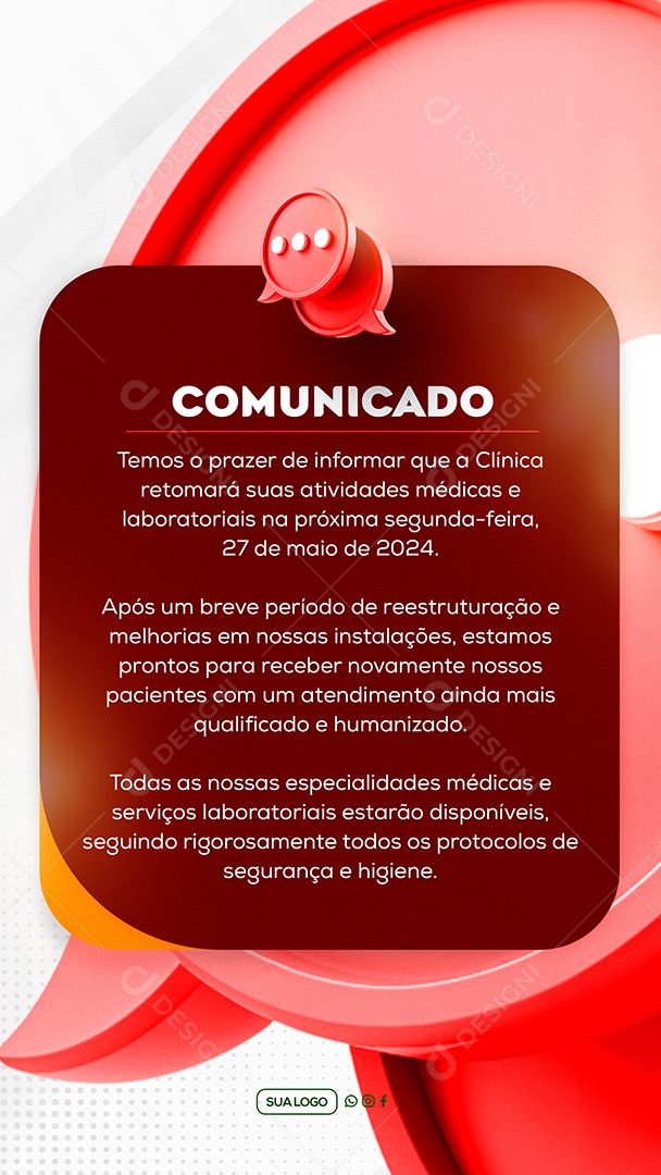 Story Comunicado Temos o Prazer de Informar que a Clinica Retornará suas Atividades Medicas Social Media PSD Editável