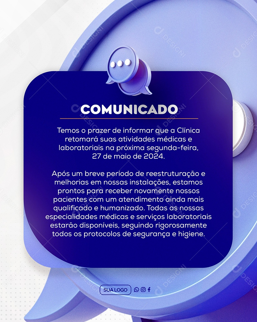 Comunicado Temos o Prazer de Informar que a Clinica Retornará Social Media PSD Editável