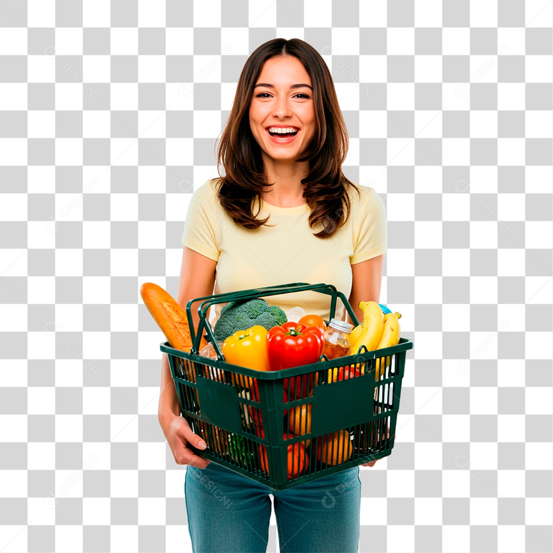 Mulher com Cesta de Verdura PNG Transparente