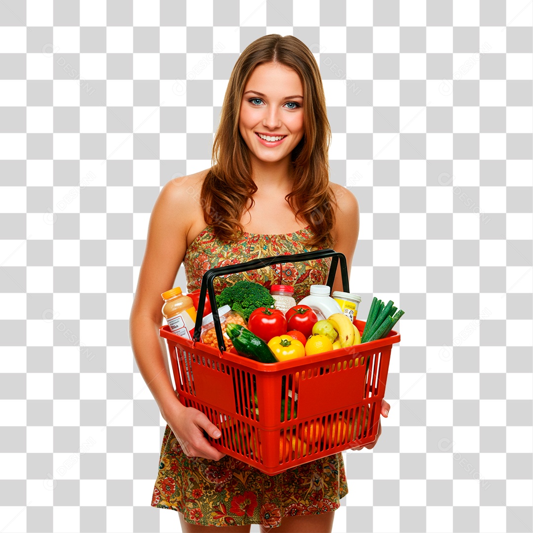 Mulher com Cesta de Verdura PNG Transparente