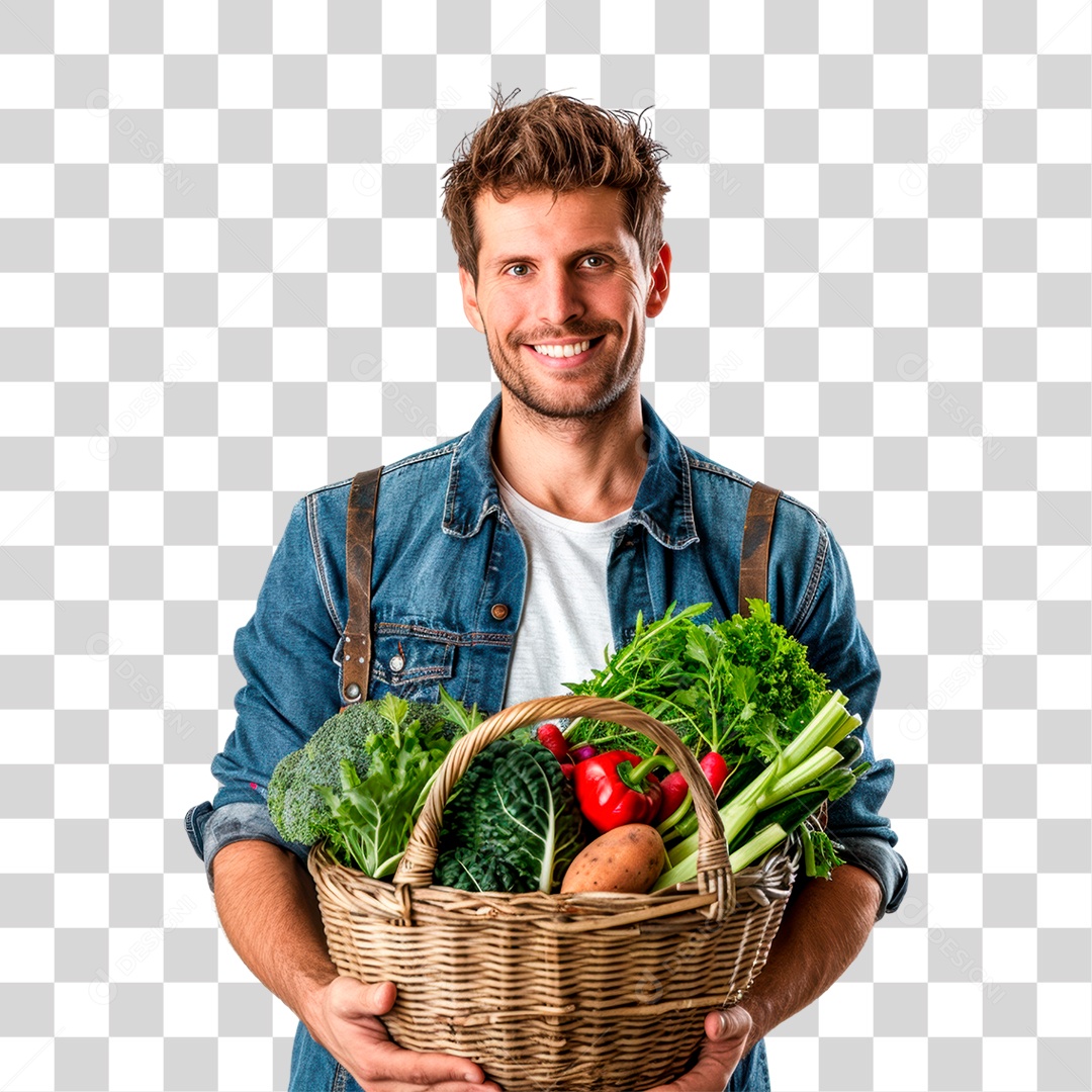 Homem Segurando Cesta de Verdura PNG Transparente