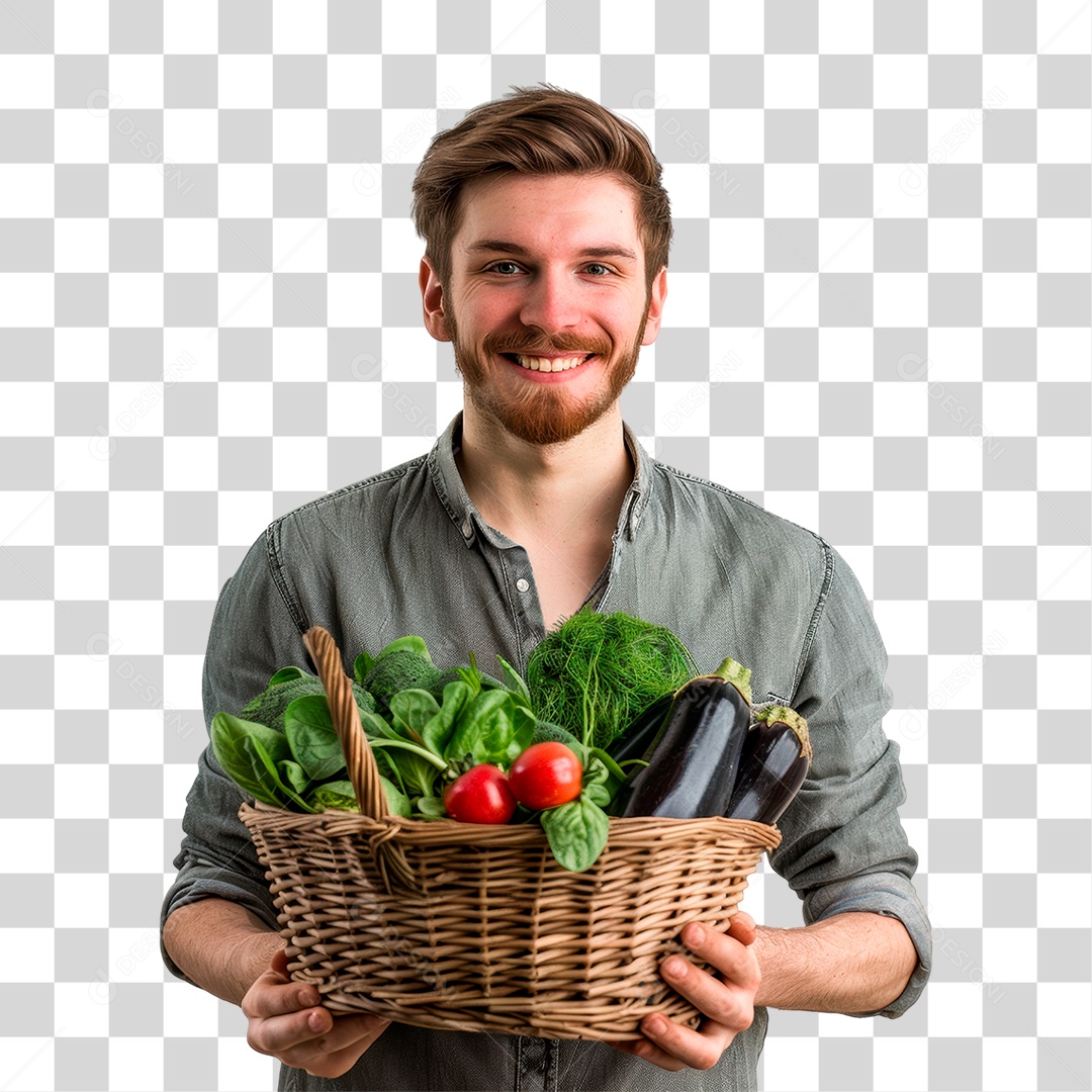 Homem Segurando Cesta de Verdura PNG Transparente