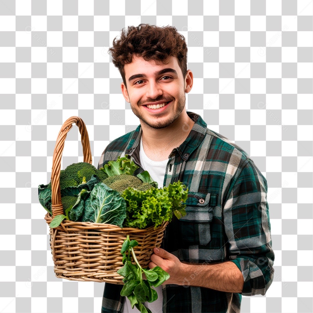 Homem Segurando Cesta de Verdura PNG Transparente