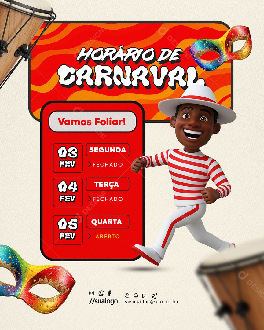 Horário Especial de Carnaval Aviso de Carnaval Social Media PSD Editável