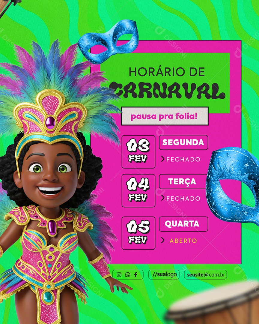 Horário Especial de Carnaval Aviso de Carnaval Social Media PSD Editável
