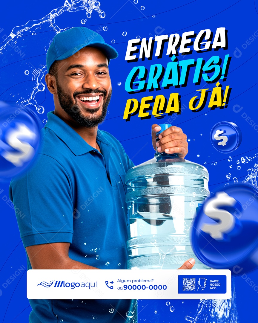 Distribuidora de Água Entrega Grátis Peça Já Social Media PSD Editável