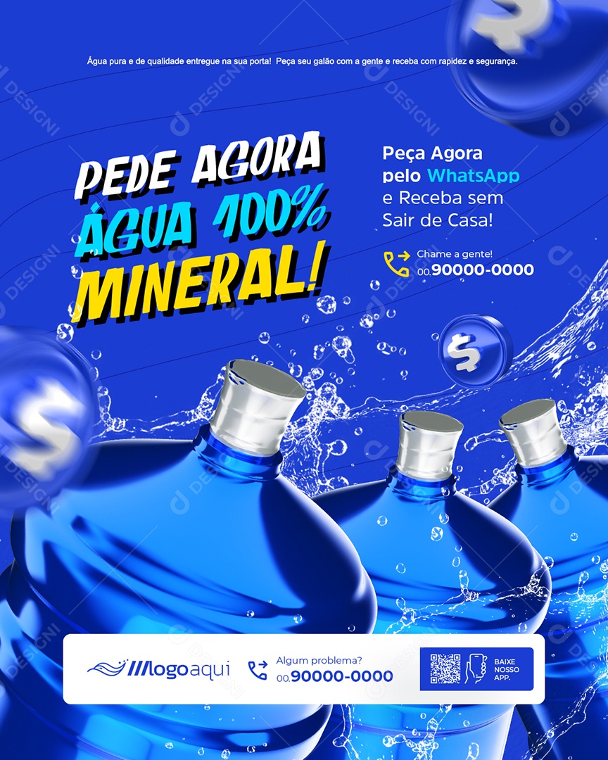 Distribuidora de Água Pede Agora Água 100% Mineral Social Media PSD Editável