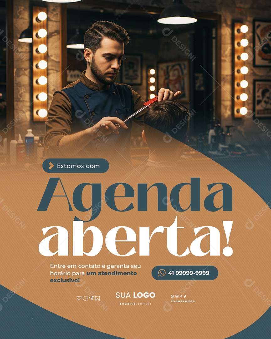 Barbearia Estamos Com Agende Aberta Social Media PSD Editável